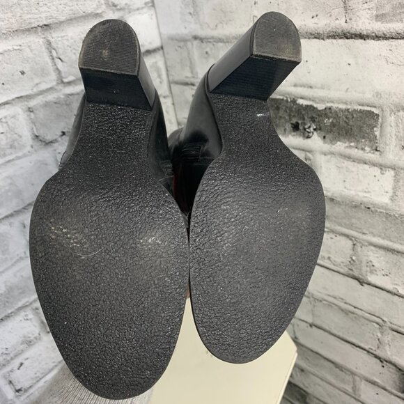 Vintage Black Leather Exposed Gold Zipper Block Heel Knee High Tall Boots - Picture 9 of 10